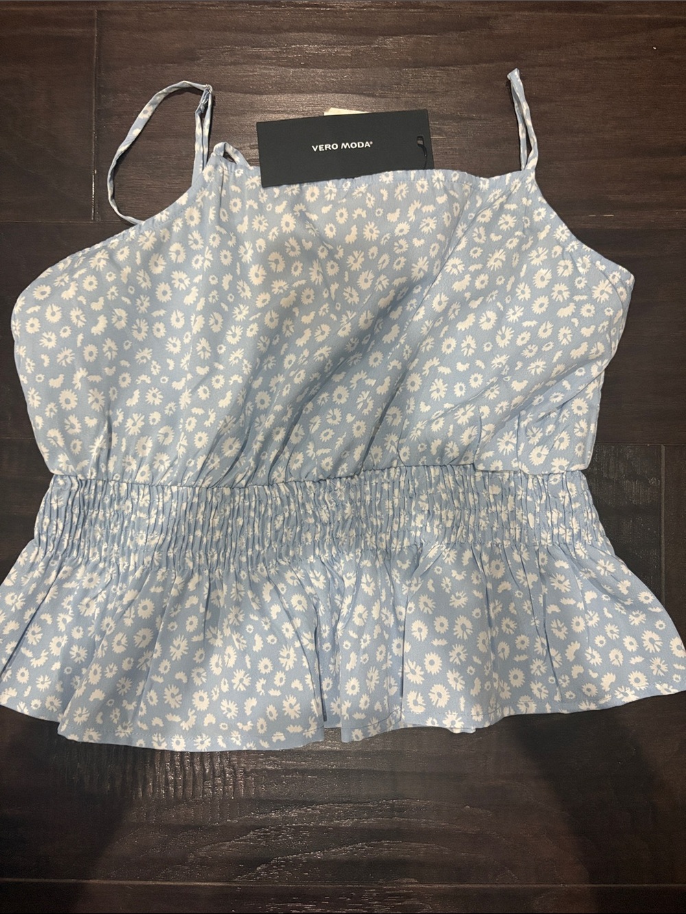 Vero Moda Pale Blue Floral Smocked Peplum Cami